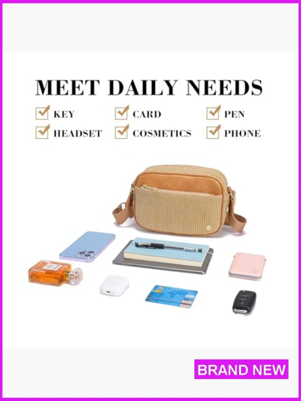 Faux Straw Crossbody Bag RFID Woven Beach Vacation Purse Summer Travel